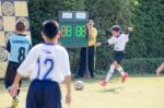 Bangkok, Thailand - Nov 2016: In The Nov 23, 2016. Youth Soccer Match, In Pieamsuwan Elementary School Stock Photo