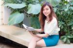 Portrait Of Thai Adult Businesswoman Beautiful Girl Read A Book Stock Photo