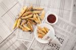 Fries French Ketchup Herb Still Life Stock Photo