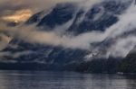 Foggy Mountain Scene In Milfordsound Fiordland National Park Soutn Island New Zealand Important Traveling Desination Stock Photo