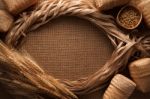 Malt Still Life Rope Flax Frame Sackcloth Background Stock Photo