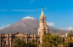 Volcano El Misti Overlooks The City Arequipa In Southern Peru. A Stock Photo