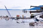 Destroyed  By Thunderstorm Piers With Boats In Verbania, Italy Stock Photo