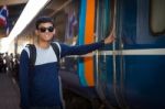 Tourists Man Are Enjoying The Train Station Stock Photo