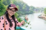 Tourist On Death Railway Bridge Viewpoint Stock Photo