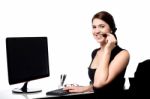 Female Executive Assisting Client Over A Call Stock Photo