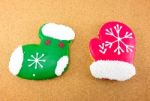 Christmas Cookies; Green Sock And Red Gloves Stock Photo