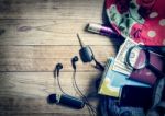 Necessary Object For Travelers In Denim Handbag Stock Photo