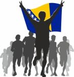 Athlete With The Bosnia And Herzegovina Flag At The Finish Stock Photo