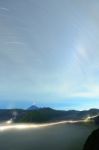 Beautiful Star Trail Image Over Bromo Volcano, Indonesia Stock Photo