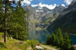 View Of Oeschinensee (oeschinen) Lake Whrer Is Unesco World Heri Stock Photo