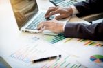 Working Process Startup. Businessman Working At The Wood Table W Stock Photo