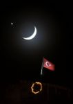 Moon, Star Anf Turkish Flag Are Together At Night Stock Photo