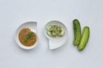 Cucumber Salsa And Peanut Sauce For Pork Satay Stock Photo