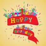 Happy Birthday With Colorful Gift On Yellow Background.  Happy Birthday On Party Background Stock Photo