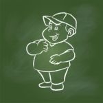 Hand Drawing Fat Boy On Green Board - Illustration Stock Photo