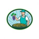 Farm Boy Holding Grapes Bowl Raisins Oval Retro Stock Photo