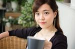 Portrait Of Thai Adult Women Office Beautiful Girl Drinking Coffee Stock Photo