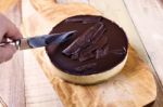 Fresh Classic Homemade Cheesecake With Dark Chocolate Topping Stock Photo