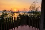 High Angle View Beautiful Lake At Sunset From Resort Stock Photo