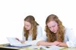 Two Dutch Teenage Girls Studying Books For Education Stock Photo