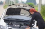 Woman With Car Broke Down Stock Photo