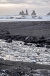 Stormy Weather At Reynisfjara Volcanic Beach Stock Photo