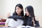 Two Asia Thai Teen Best Friends Girls Make Picture Selfie Pic Stock Photo