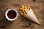 Fries French Ketchup Herb Still Life Flat Lay Stock Photo