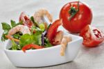 Close Up Of Green Watercress Salad With Tiger Prawns Stock Photo