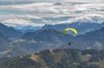 Hang-gliding Above The Countryside Around Zwölferhorn Mountain Stock Photo