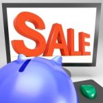 Sale On Monitor Shows Promotional Prices Stock Photo