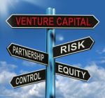 Venture Capital Signpost Shows Partnership Risk Control And Equi Stock Photo