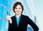 Charming Business Lady Holding Credit Card Stock Photo