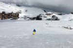 People Skiing From Sass Pordoi In The Upper Part Of Val Di Fassa Stock Photo