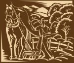 Farmer Farming Plowing With Farm Horse Woodcut Stock Photo