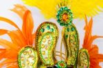 Helmet Decorated With Bright Stones And Feathers For Carnival Stock Photo