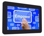 Empower Tablet Touch Screen Means Encourage Empowerment Stock Photo