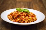 Gemelli Pasta With Homemade Tomato And Zucchini Sauce Stock Photo