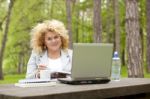 Business Lady Using Laptop In Park Stock Photo