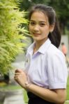 Portrait Of Thai High School Student Uniform Teen Beautiful Girl Happy And Relax, Stock Photo