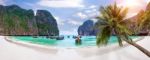 Panorama Of Long Boat And Blue Water At Maya Bay In Phi Phi Island, Krabi Thailand Stock Photo