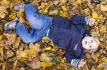 Toddler Blond Boy With Blue Eyes Lays On Bed Of Autumn Fallen Le Stock Photo