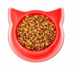 Dry Brown Pet Food For Cat In The Red Plastic Bowl Stock Photo