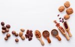 Spoon Of Various Legumes And Different Kinds Of Nuts Walnuts Ker Stock Photo