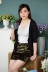 Portrait Of Thai Adult Women Office Beautiful Girl Drinking Coffee Stock Photo