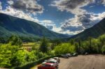 Slovenia Slovenja Beautiful Landscape, Green Mountains And Blue Cloud Sky Stock Photo