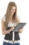 Beautiful Woman Communicate With Tablet Computer Stock Photo