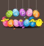 Colorful Eggs With  Funny Baby Chicken On Gray Background For Ea Stock Photo