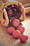 Plumms Scattered From Wicker Basket Stock Photo